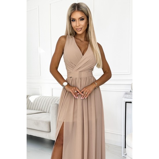 362-6 JUSTINE Long dress with a neckline and a tie - beige     