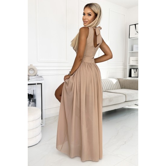 362-6 JUSTINE Long dress with a neckline and a tie - beige     