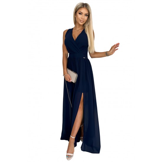 362-7 JUSTINE Long dress with a neckline and a tie - navy blue     