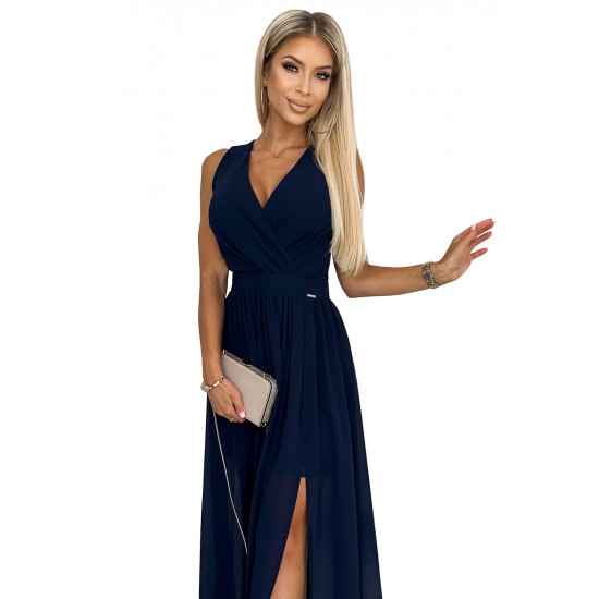 362-7 JUSTINE Long dress with a neckline and a tie - navy blue     