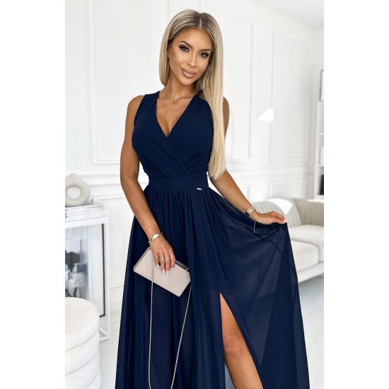 362-7 JUSTINE Long dress with a neckline and a tie - navy blue     