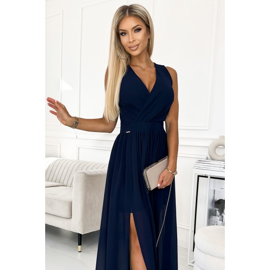 362-7 JUSTINE Long dress with a neckline and a tie - navy blue     