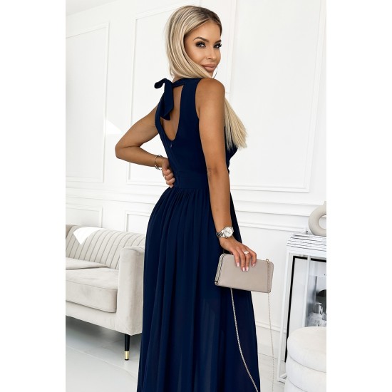 362-7 JUSTINE Long dress with a neckline and a tie - navy blue     