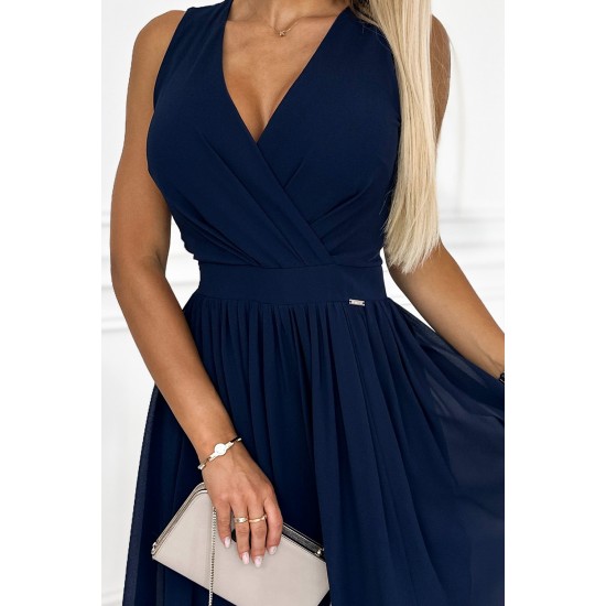 362-7 JUSTINE Long dress with a neckline and a tie - navy blue     