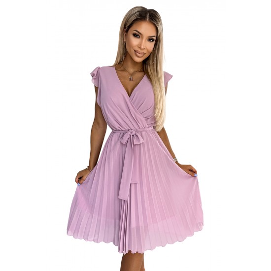 374-3 POLINA Pleated dress with a neckline and frills - dirty pink     