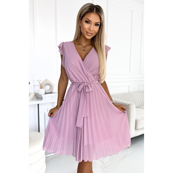 374-3 POLINA Pleated dress with a neckline and frills - dirty pink     