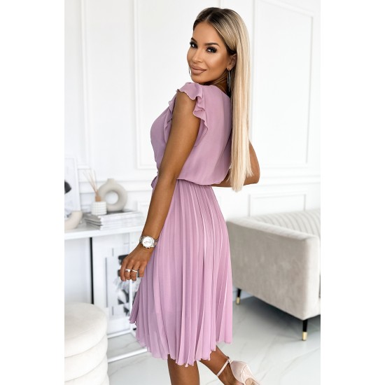 374-3 POLINA Pleated dress with a neckline and frills - dirty pink     