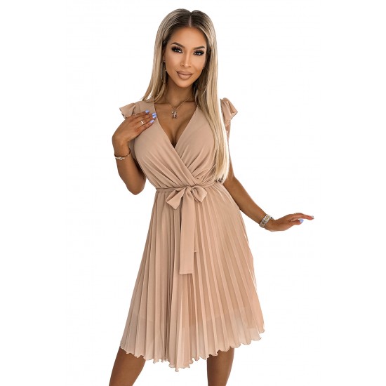 374-5 POLINA Pleated dress with a neckline and frills - beige     