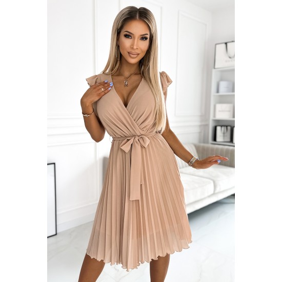 374-5 POLINA Pleated dress with a neckline and frills - beige     