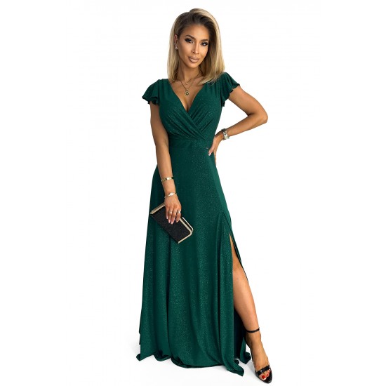 411-1 CRYSTAL long shimmering dress with a neckline - green     