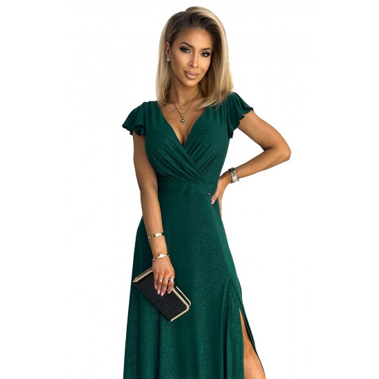 411-1 CRYSTAL long shimmering dress with a neckline - green     