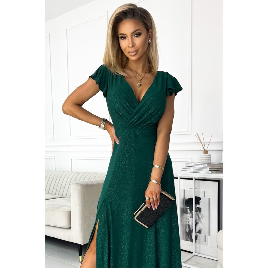 411-1 CRYSTAL long shimmering dress with a neckline - green     