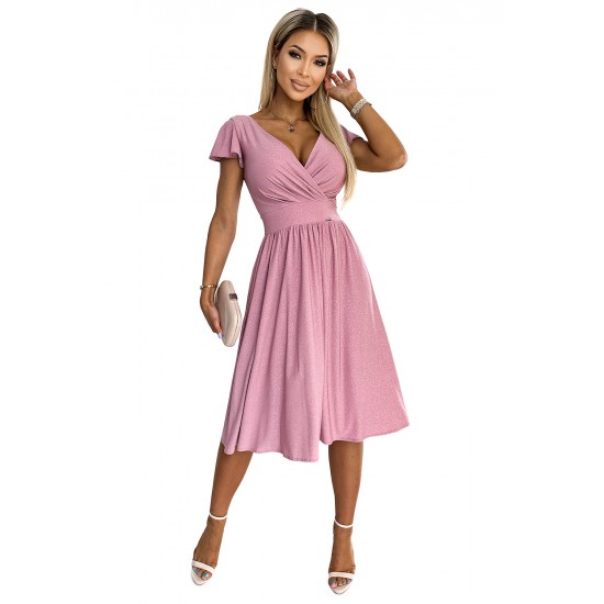 425-2 MATILDE Dress with a neckline and short sleeves - powder pink with glitter     