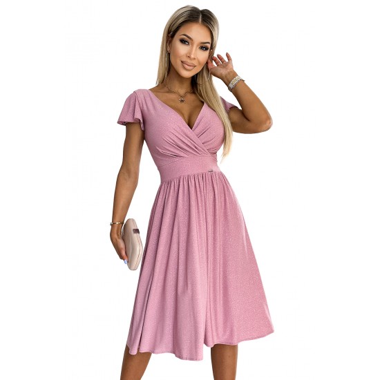 425-2 MATILDE Dress with a neckline and short sleeves - powder pink with glitter     