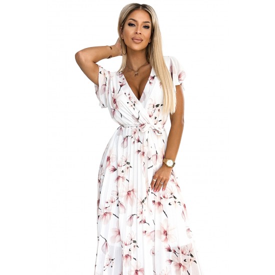 434-4 LISA Pleated midi dress with a neckline and frills - peach blossom on a white background     