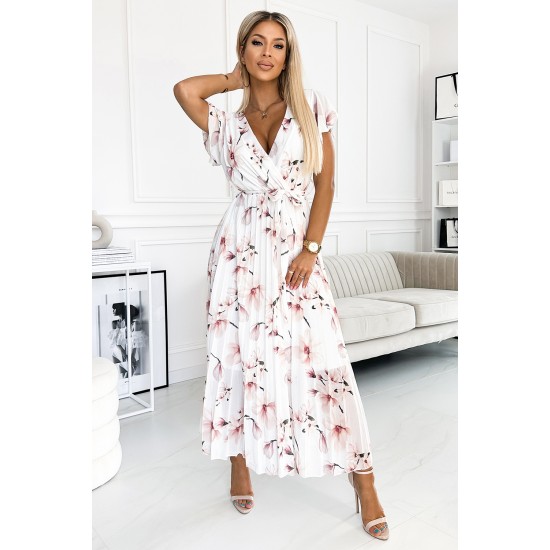 434-4 LISA Pleated midi dress with a neckline and frills - peach blossom on a white background     