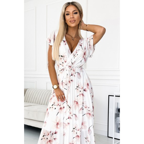 434-4 LISA Pleated midi dress with a neckline and frills - peach blossom on a white background     