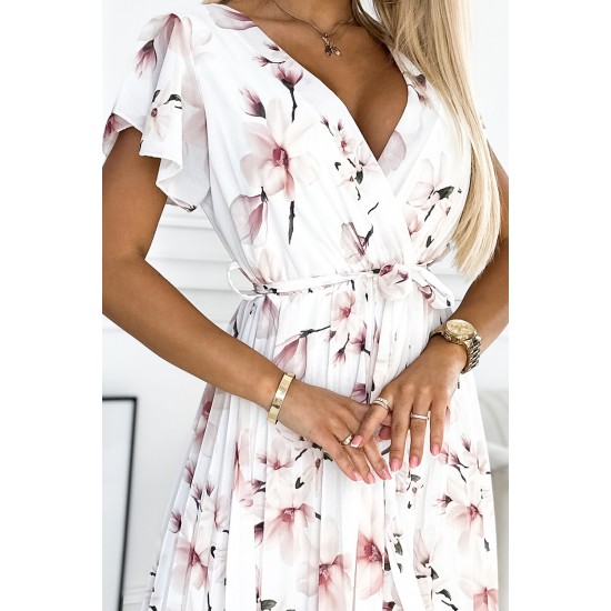 434-4 LISA Pleated midi dress with a neckline and frills - peach blossom on a white background     