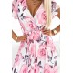 434-5 LISA Pleated midi dress with a neckline and frills - large roses on a white background     