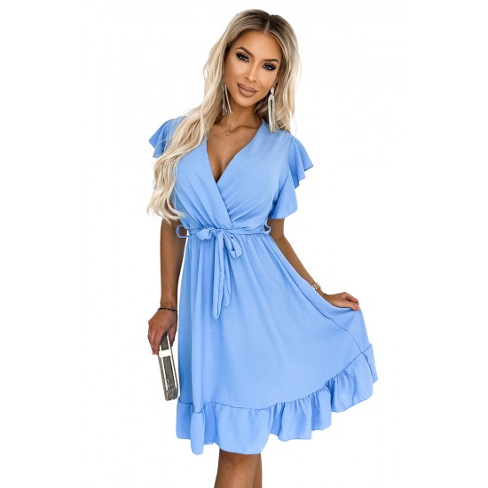 455-2 CORNELIA dress with frill, neckline and tie - light blue     