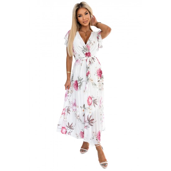 434-6 LISA Pleated midi dress with a neckline and frills - spring flowers on a white background     