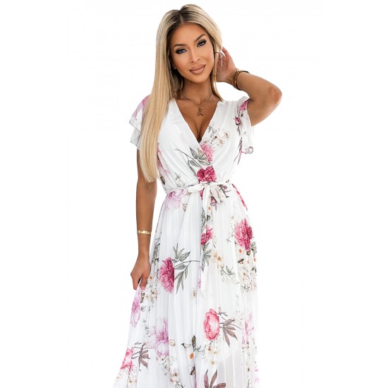 434-6 LISA Pleated midi dress with a neckline and frills - spring flowers on a white background     