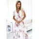 434-6 LISA Pleated midi dress with a neckline and frills - spring flowers on a white background     