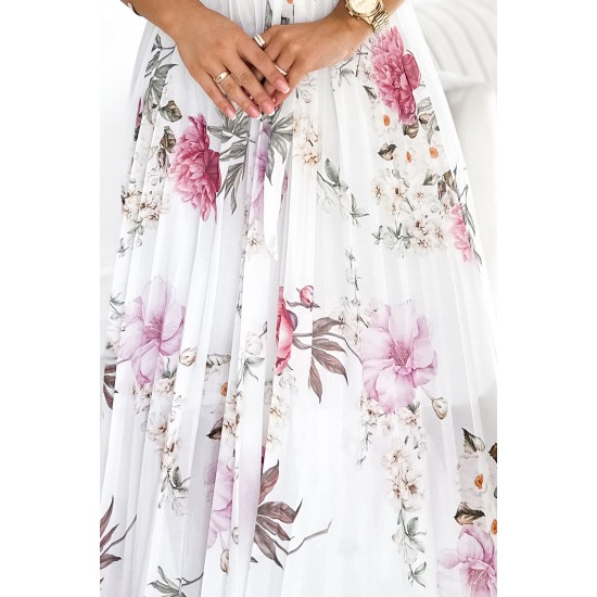 434-6 LISA Pleated midi dress with a neckline and frills - spring flowers on a white background     