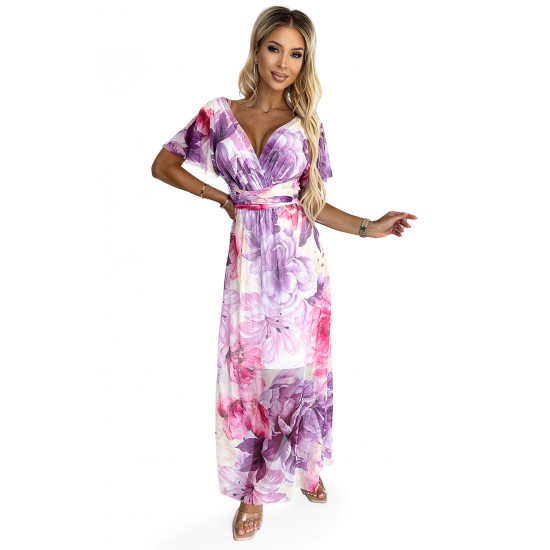 489-1 CINZIA Dress with a neckline, long waist tie and short sleeves - purple-pink large flowers - mesh     