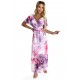 489-1 CINZIA Dress with a neckline, long waist tie and short sleeves - purple-pink large flowers - mesh     