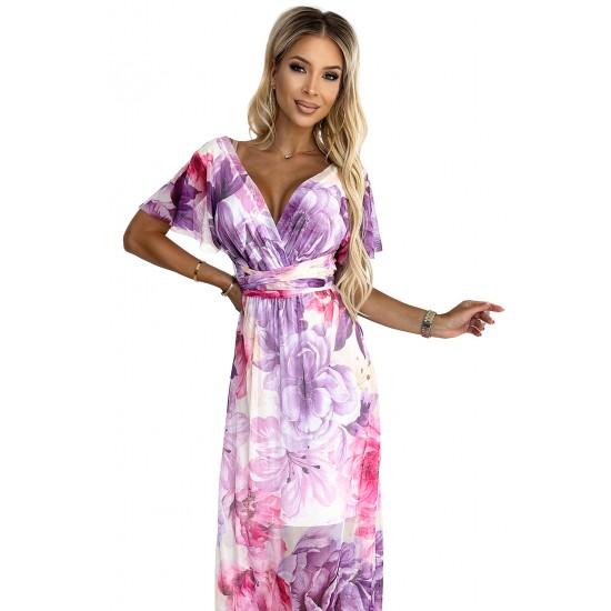 489-1 CINZIA Dress with a neckline, long waist tie and short sleeves - purple-pink large flowers - mesh     