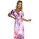 489-1 CINZIA Dress with a neckline, long waist tie and short sleeves - purple-pink large flowers - mesh     