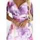 489-1 CINZIA Dress with a neckline, long waist tie and short sleeves - purple-pink large flowers - mesh     