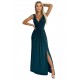 467-1 LOUISE brocade long dress with a neckline and a leg slit - green     