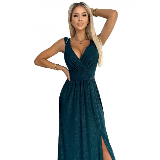 467-1 LOUISE brocade long dress with a neckline and a leg slit - green     