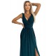 467-1 LOUISE brocade long dress with a neckline and a leg slit - green     