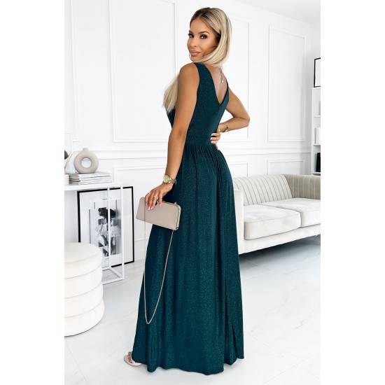 467-1 LOUISE brocade long dress with a neckline and a leg slit - green     