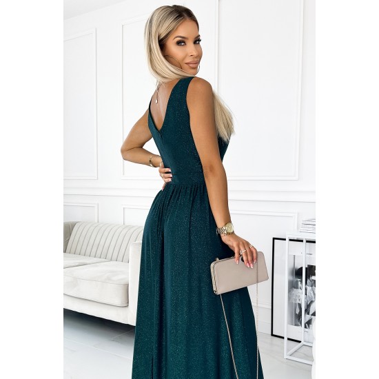 467-1 LOUISE brocade long dress with a neckline and a leg slit - green     