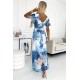 489-2 CINZIA Dress with a neckline, long waist tie and short sleeves - blue large flowers - mesh     