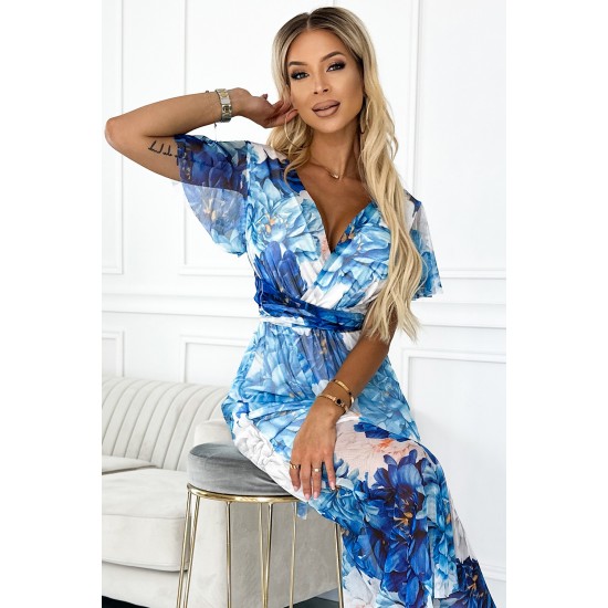 489-2 CINZIA Dress with a neckline, long waist tie and short sleeves - blue large flowers - mesh     