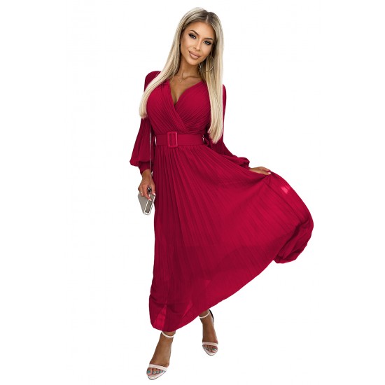 414-9 KLARA pleated dress with a belt and a neckline - Burgundy color     