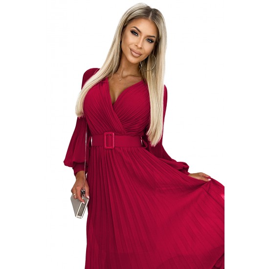 414-9 KLARA pleated dress with a belt and a neckline - Burgundy color     