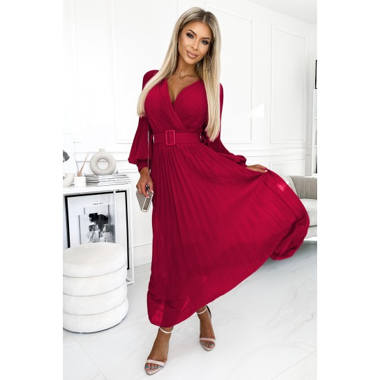 414-9 KLARA pleated dress with a belt and a neckline - Burgundy color     