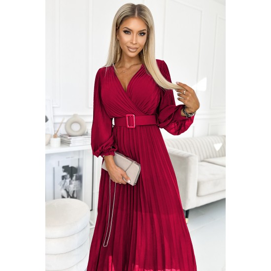 414-9 KLARA pleated dress with a belt and a neckline - Burgundy color     