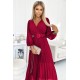 414-9 KLARA pleated dress with a belt and a neckline - Burgundy color     