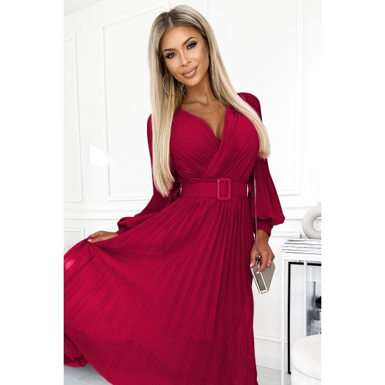 414-9 KLARA pleated dress with a belt and a neckline - Burgundy color     