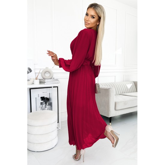 414-9 KLARA pleated dress with a belt and a neckline - Burgundy color     