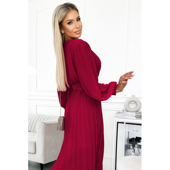 414-9 KLARA pleated dress with a belt and a neckline - Burgundy color     