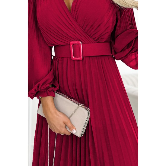 414-9 KLARA pleated dress with a belt and a neckline - Burgundy color     