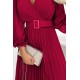 414-9 KLARA pleated dress with a belt and a neckline - Burgundy color     